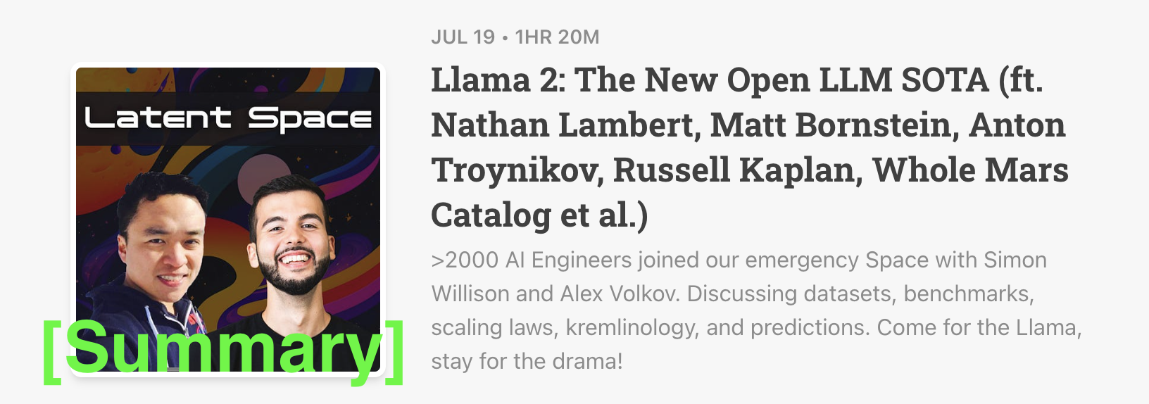 Latent Space Podcast 7/19/23 [Summary] - Llama 2: The New Open LLM SOTA (ft. Nathan Lambert, Matt Bornstein, Anton Troynikov, Russell Kaplan, Whole Mars Catalog et al.)